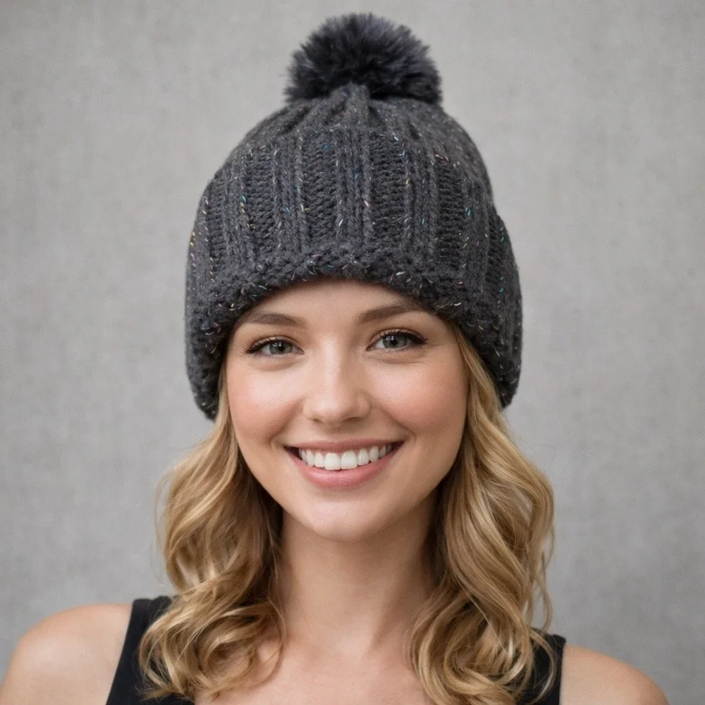 BP Black Metallic Pom Beanie Cozy Winter Streetwear‎ Y2K Sparkle Festival Hat